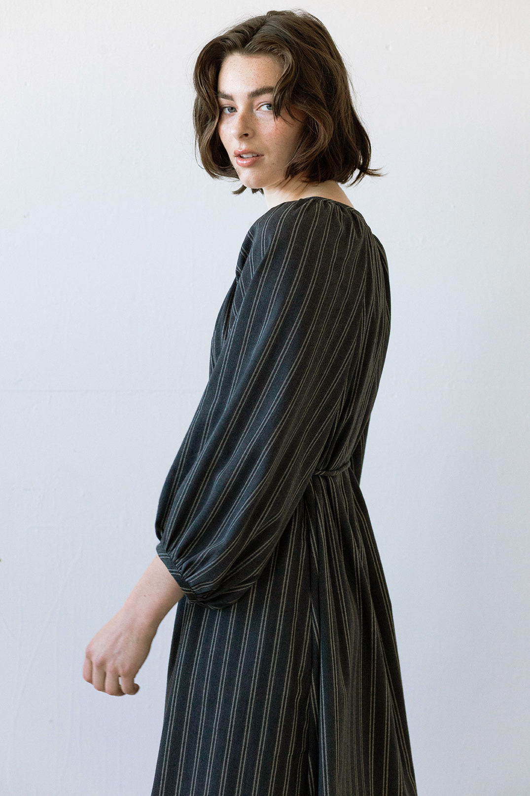 Prisca Dress in Charcoal Pinstripe