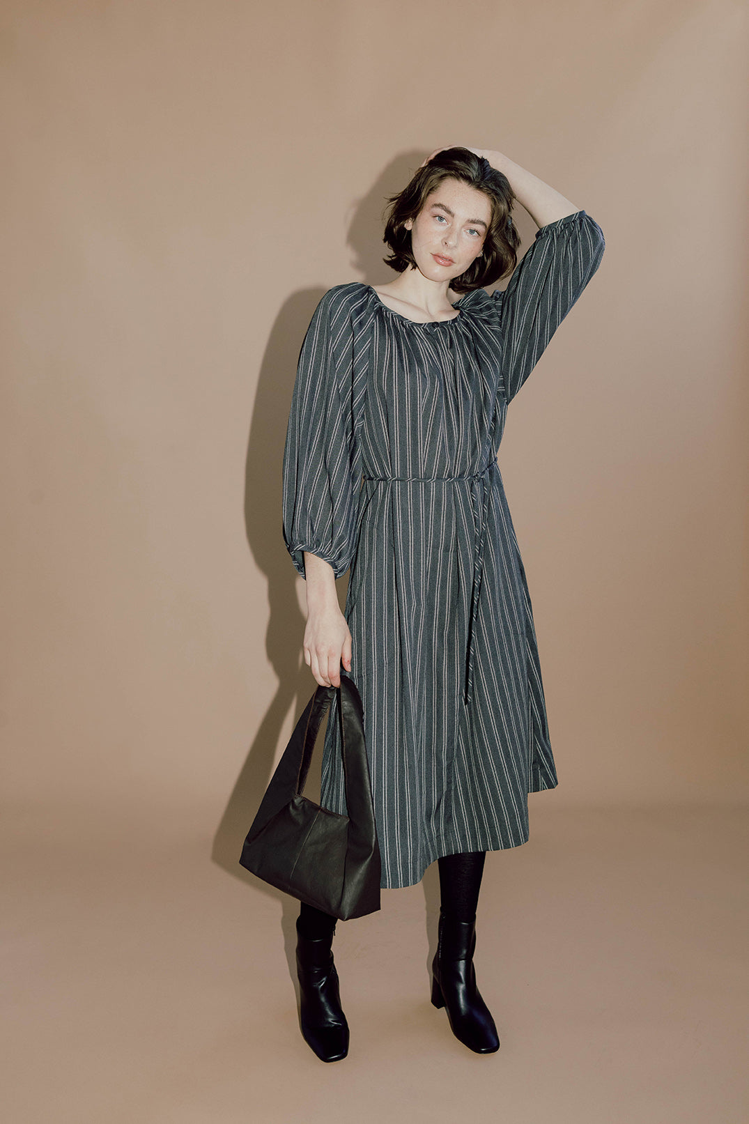 Prisca Dress in Charcoal Pinstripe