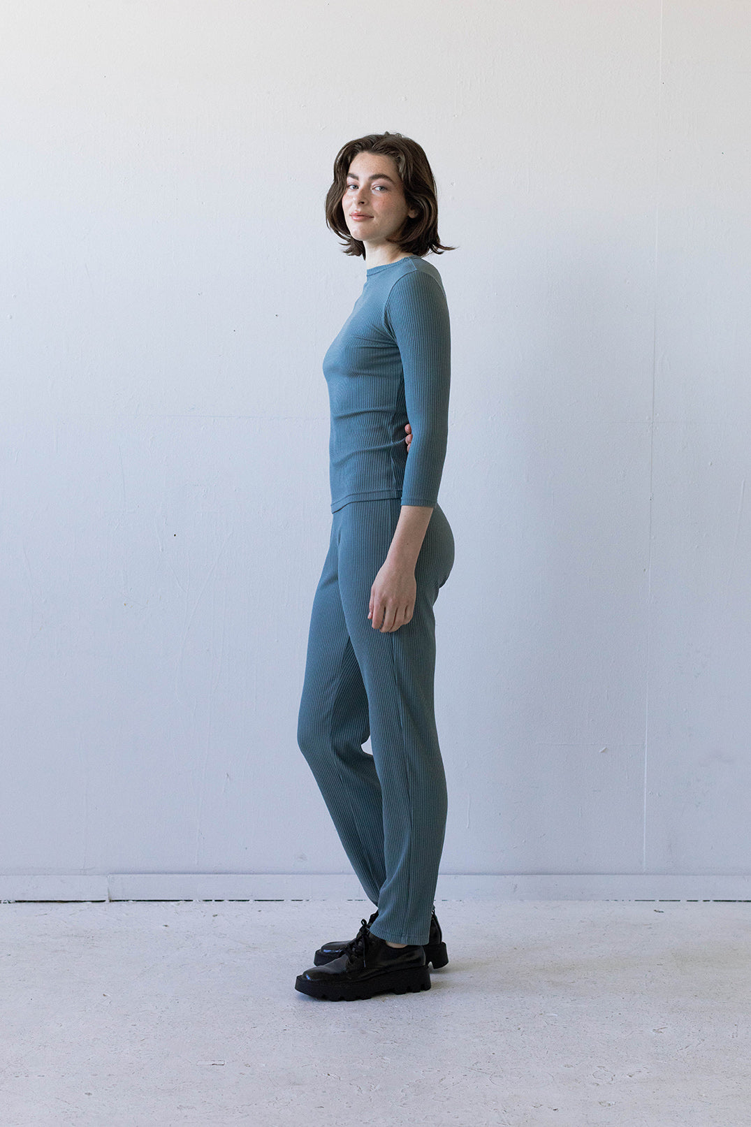 Elio Lounge Pant in Dusty Blue Rib Knit