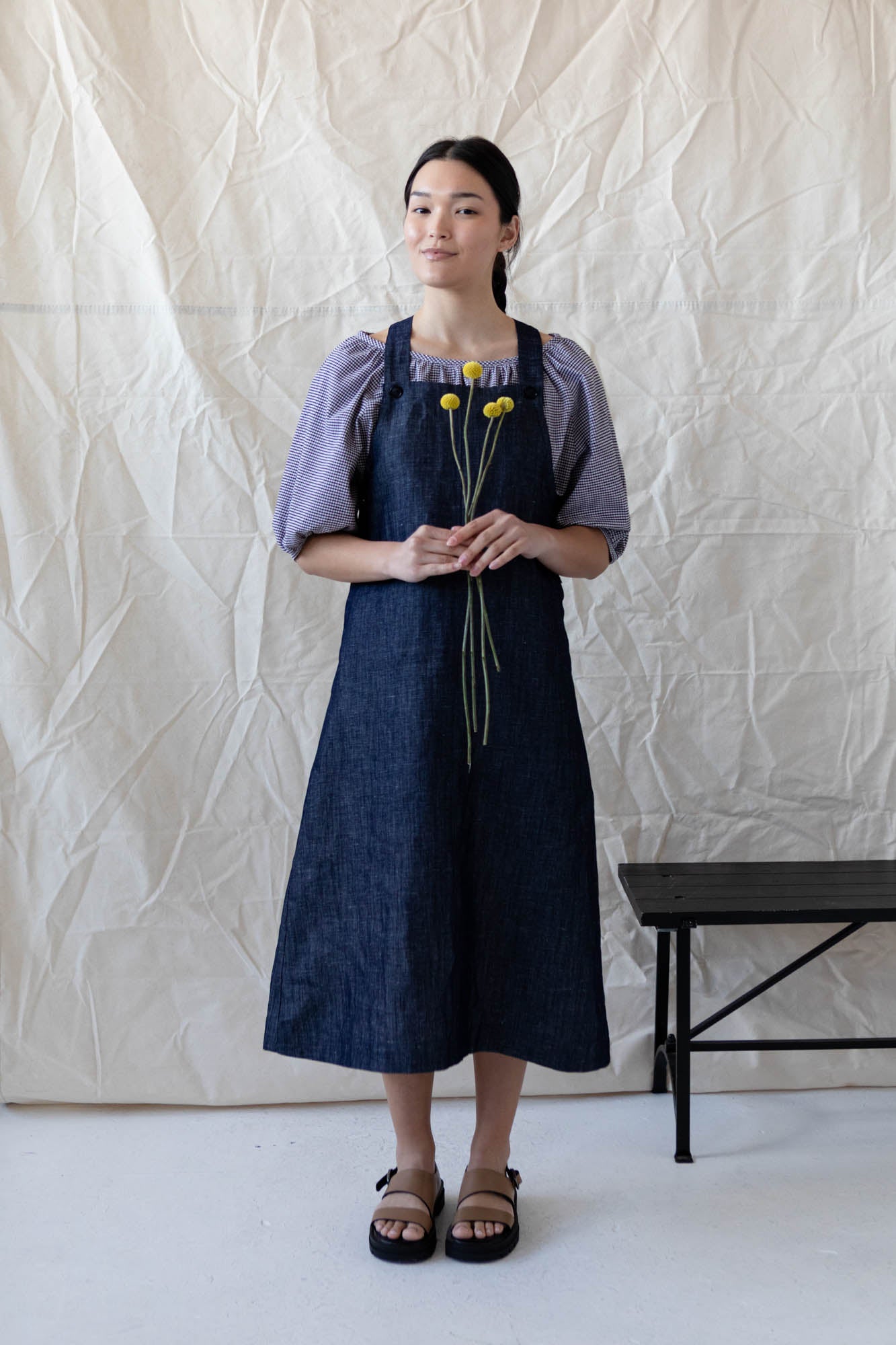 Noemi Apron Dress in Linen Denim