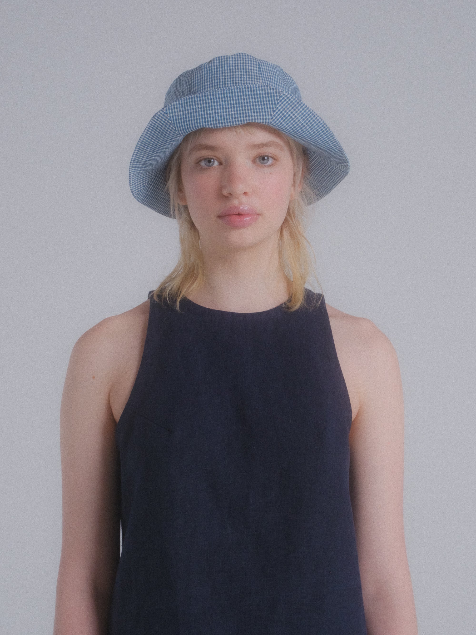 Tulip Hat in Teal Seersucker