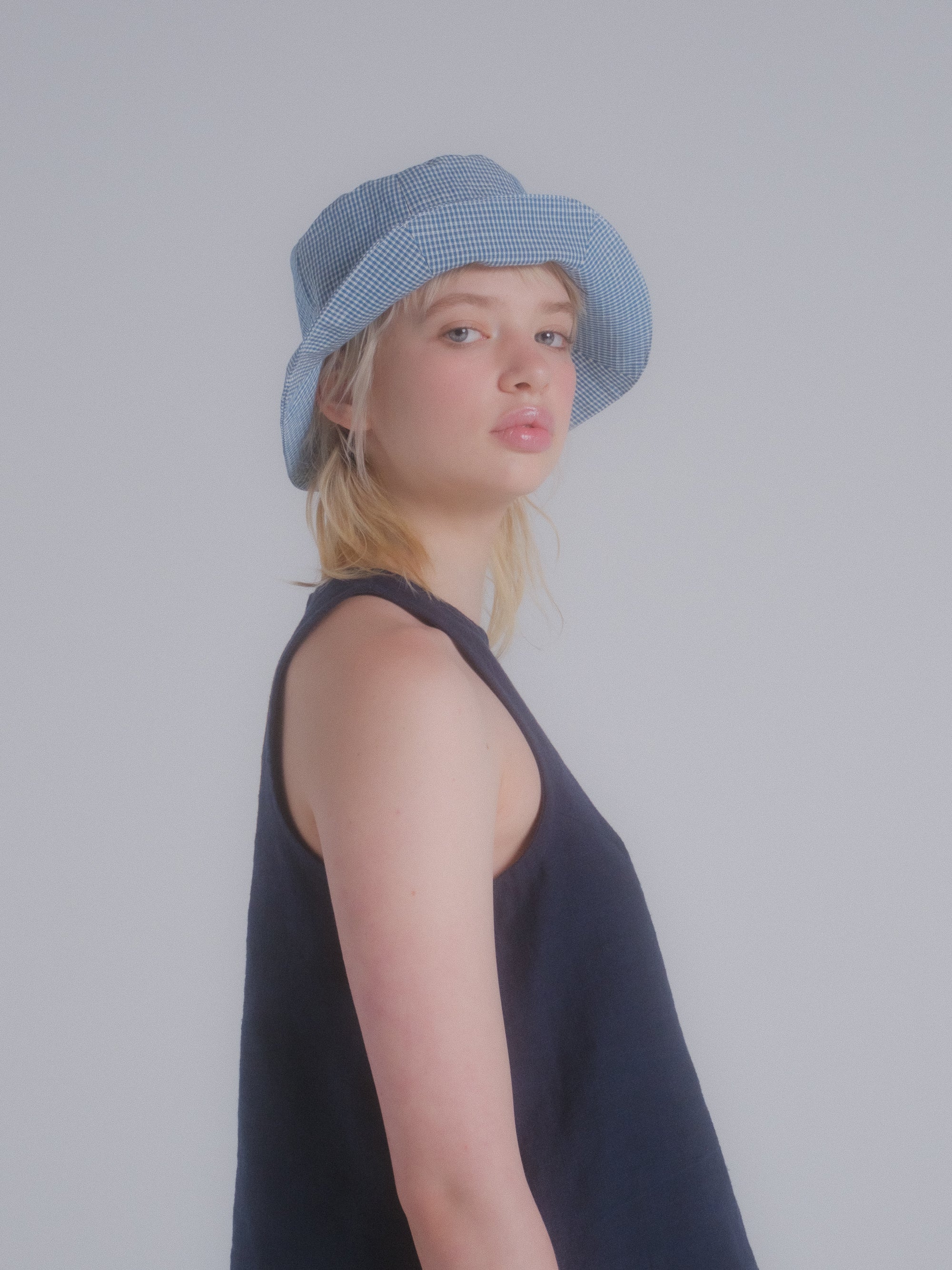 Tulip Hat in Teal Seersucker