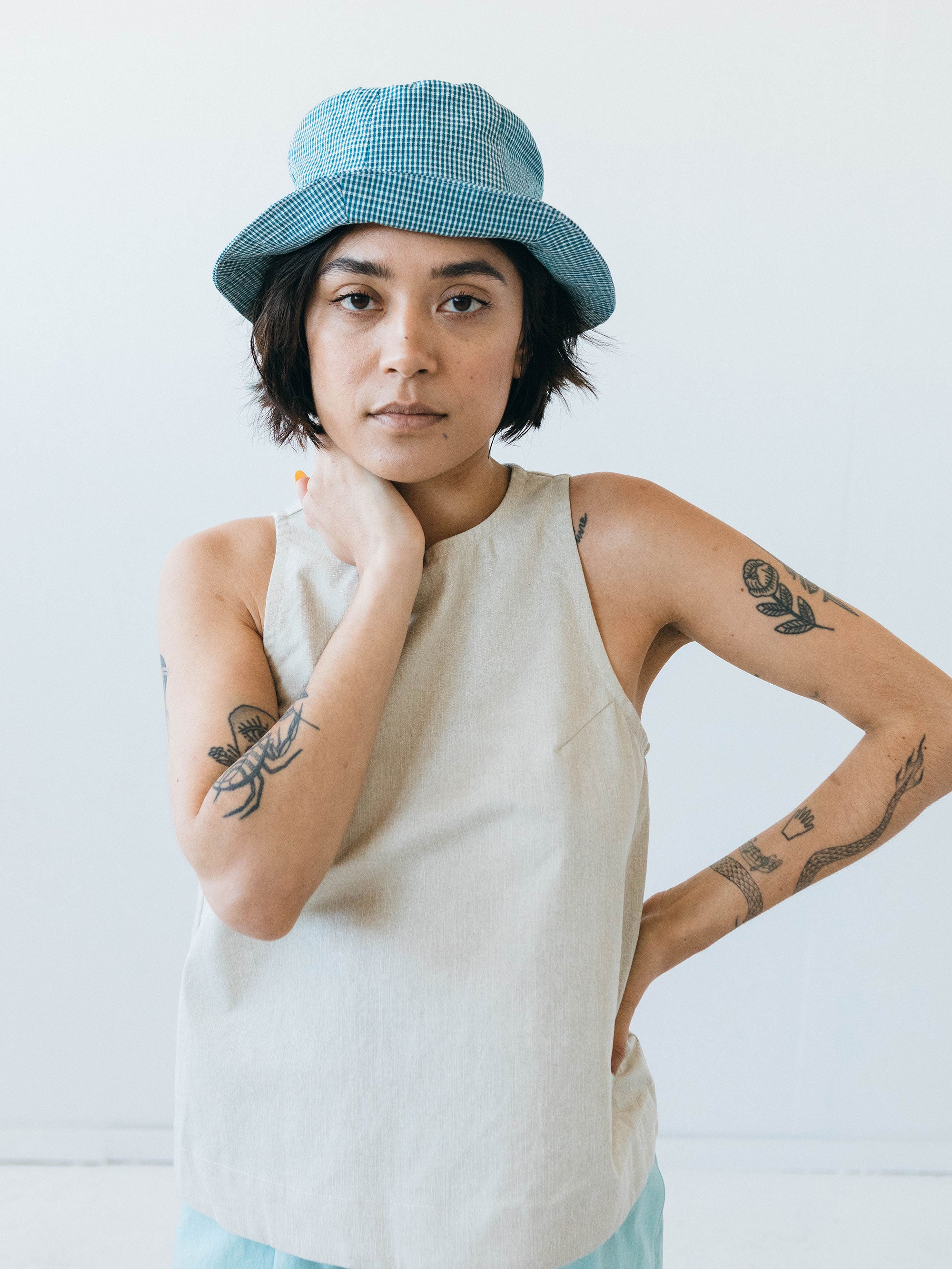 Tulip Hat in Teal Seersucker