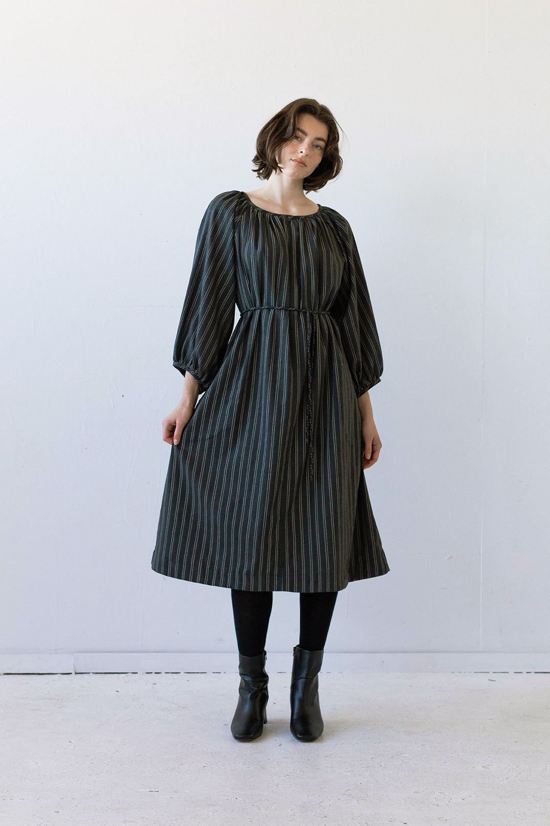 SAMPLE SALE - Prisca Dress in Charcoal Pinstripe - SMALL/MEDIUM