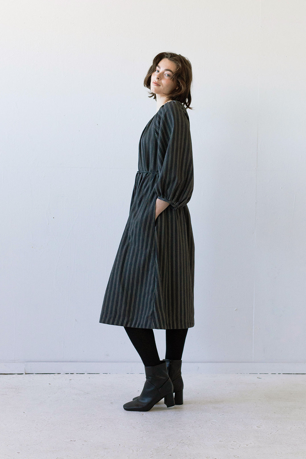 Prisca Dress in Charcoal Pinstripe