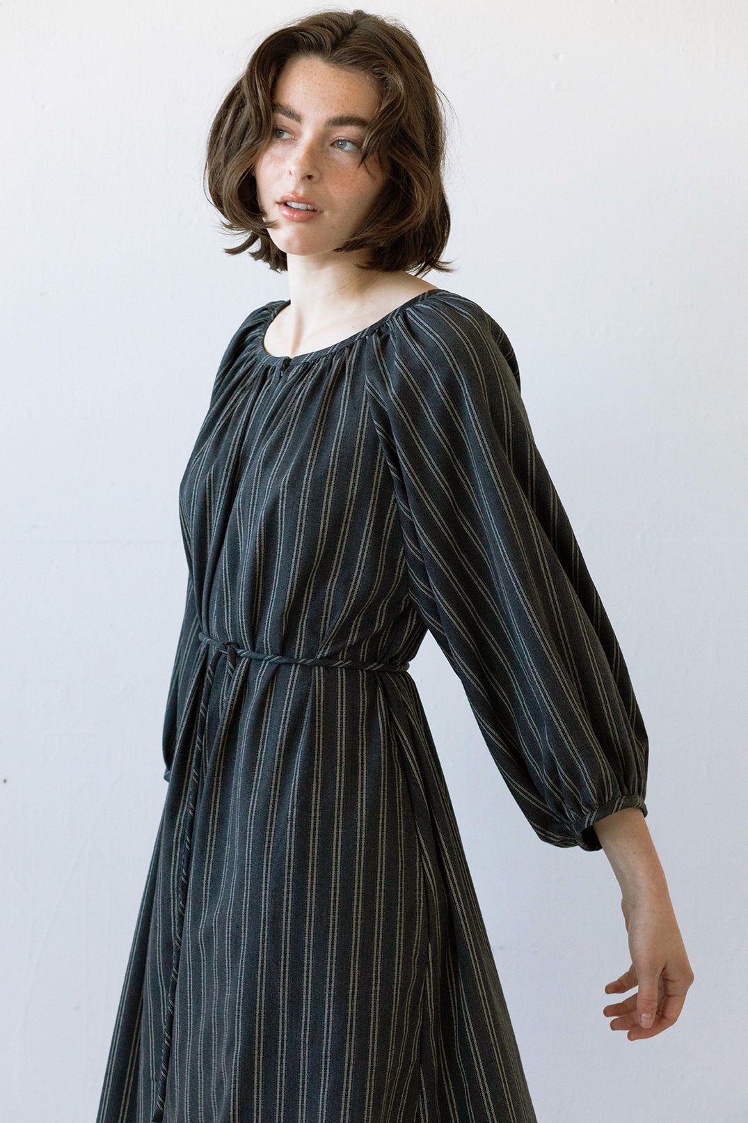 Prisca Dress in Charcoal Pinstripe