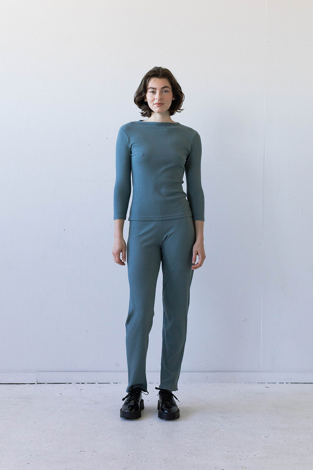 SAMPLE SALE - Elio Lounge Pant in Dusty Blue Rib Knit - SMALL/STANDARD