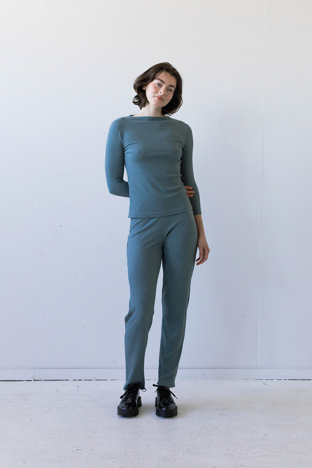 SAMPLE SALE - Elio Lounge Pant in Dusty Blue Rib Knit - SMALL/LONG